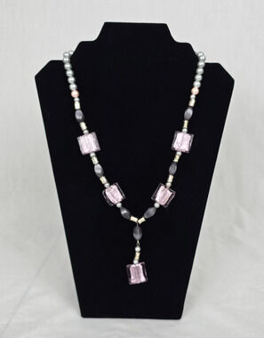 Beaded Stone & Glass 26" Necklace Pink & Gray Tones